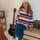 Loose Striped Sweatshirt - Comfy Aesthetic word1