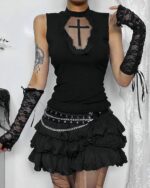 Black gothic mesh top with a cross detail, featuring a sleeveless design and lace gloves.