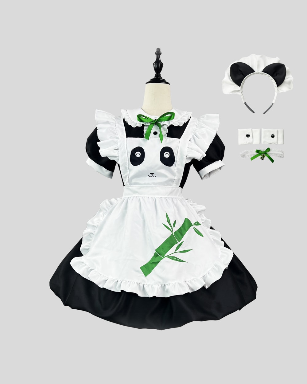 Panda maid costume featuring a white and black dress with panda ears and a matching headband.