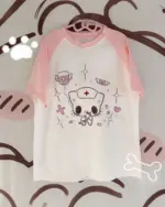 Pink neko nurse t-shirt featuring a cute cat nurse design and kawaii accents.