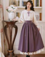 French-Style Double Layer Dress - Cottagecore aesthetic dress in a rich purple color, featuring layered skirts and lace.
