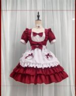 Detailed red maid dress with white layers and ruffles, kawaii clothing style.
