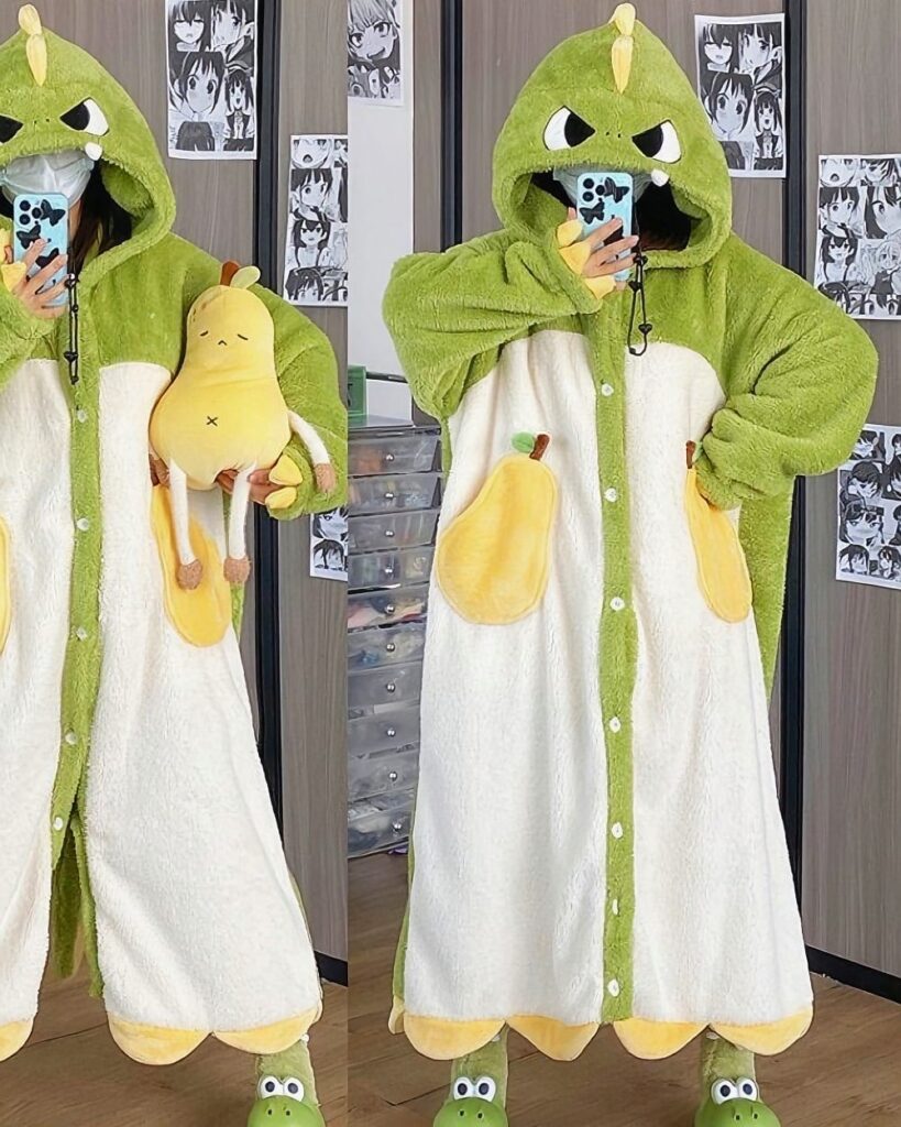Green kawaii animal nightgown featuring a dinosaur hood and fleece lining. Coral Fleece Long Thickened Nightgown.