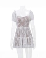 Floral coquette mesh dress, short puff sleeve dress with tiered skirt and lace detailing.