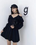 Black gothic aesthetic dress with off-the-shoulder neckline and ruffled sleeves.