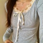 Knitted Bow Lace Sweatshirt - Vintage Aesthetic word1