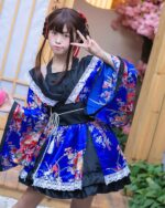 Blue floral harajuku aesthetic kimono with lace trim, worn by a woman.