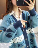 Blue cat cardigan sweater featuring vintage-style cat graphic details.