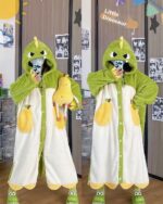 Coral Fleece Long Thickened Nightgown featuring a cute kawaii dinosaur design.