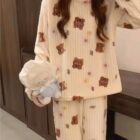 Bear Print Coral Pajamas Suit - Korean Aesthetic word1