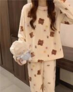 Cream colored korean aesthetic pajamas suit with bear print design.