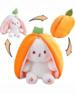 Kawaii transformable bunny plushie converts into a carrot shape. Soft plush toy.