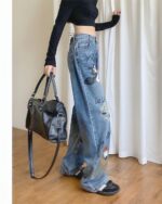 Retro Style Cute Graffiti Jeans - Y2K Aesthetic, wide-leg denim jeans with colorful graffiti designs.