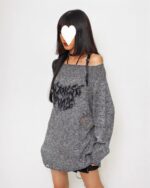 Gray gothic aesthetic sweater with distressed details and off-shoulder design.