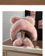 Pink thick fluffy bear ears hat with pom-poms, kawaii winter style accessory.