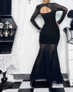 Black mesh long sleeve gothic aesthetic dress with open back detail. A flowing, elegant design.