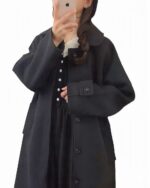 Black Korean style coat featuring a stand collar and button details.