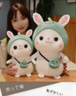 Kawaii bunny plushie, Cotton the Adventurous Rabbit with a green hat and matching toy.