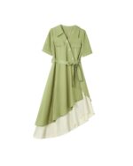French vintage dress featuring a green and cream asymmetrical design with a belted waist.