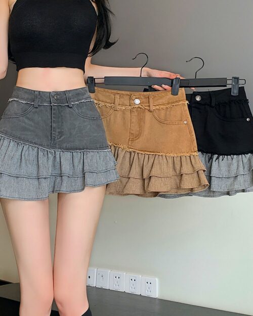 Ruffled Retro Denim Skirt - Y2K Aesthetic