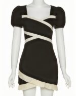 Black and white korean aesthetic dress with a square collar and puffed sleeves.