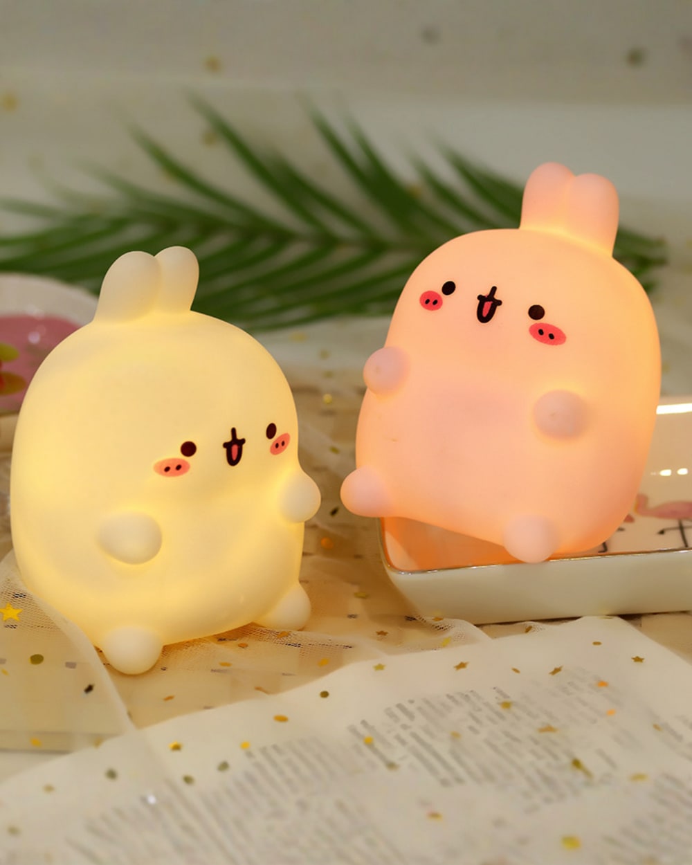Kawaii Molang bunny lamp, two soft silicone night lights with cute faces.