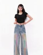Colorful High Waist Loose Jeans - Y2K aesthetic jeans, wide-leg style.