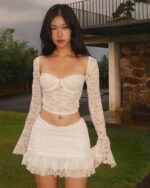 White lace coquette aesthetic set - crop top and mini skirt.