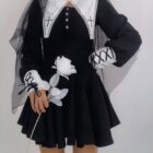 Dark Nun Short Dress - Gothic Aesthetic featuring a black dress with lace details, veil, and white flowers.