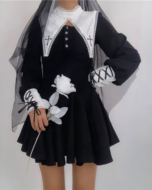 Dark Nun Short Dress - Gothic Aesthetic