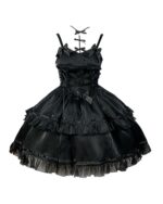 Black gothic lolita dress with layered skirt, lace details, and corset bodice.