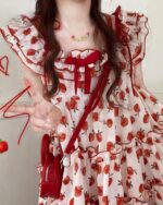 A person wearing a red and white lolita apple dress with apple details, featuring a crossbody bag.