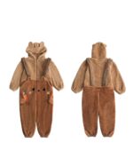 Brown bear fluffy pajamas with hood and overalls, kawaii style toddler sleepwear.