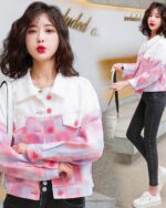 Pink Korean jacket featuring a white and pink plaid design with button details.