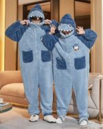 Blue dino-shark jumpsuit couple edition, plush onesie with hood and pockets.