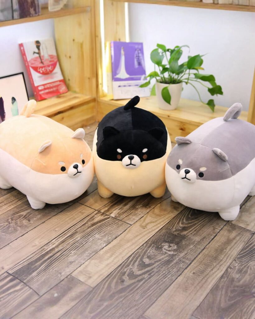 Three colorful super fat shiba plushies, soft and plush, are displayed on a wooden floor.