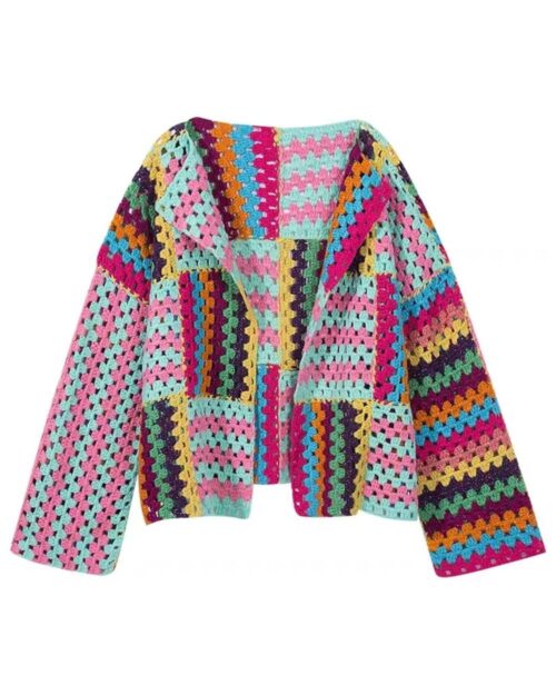 Retro knitted cardigan featuring a patchwork design in vibrant colors and a vintage aesthetic.