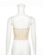 Summer Patchwork Camisole – Coquette Aesthetic top, beige knit, spaghetti straps, mannequin display.