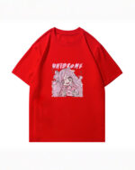 Red unidrone oversized t-shirt featuring an anime illustration.