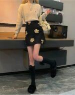 Small High Waist Slimming Hip Skirt - Korean Aesthetic, floral print mini skirt on a model.