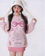 A pink kawaii rabbit sweater with rabbit and teacup motifs, featuring a fluffy design and bow detail. Product-keyword: kawaii rabbit sweater