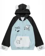 Blue and black kawaii neko hoodie with cat illustrations, Harajuku aesthetic.