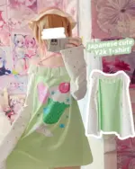 Kawaii lime shirt featuring a Y2k aesthetic and cute character prints.