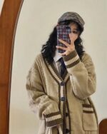 Knitwear Loose Coat - Preppy aesthetic cardigan, beige knitwear with trim, person wearing it.