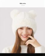 Milky white bear ears hat, a fluffy winter knit cap.
