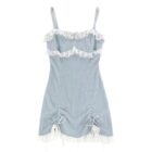 Light blue striped coquette aesthetic dress with lace trim and straps.
