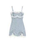 Light blue striped coquette aesthetic dress with lace trim and straps.