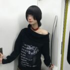 Off Shoulder Dark Pullover Sweater - Grunge Aesthetic word2