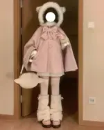 Pink lolita hooded coat layered with a large bow and teddy bear accessory.
