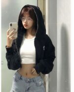 Black Sweet And Cool Hooded Sweater - Korean aesthetic hoodie worn by a model.